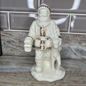 VTG Santa Claus Porcelain Figurine Ivory White Reindeer & Lantern w/ Gold Accent